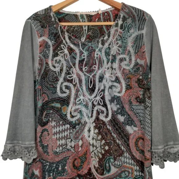Soft Surroundings Tunic Top Shirt Women Small Gray Paisley Embroidered Lace Trim - Picture 2 of 16